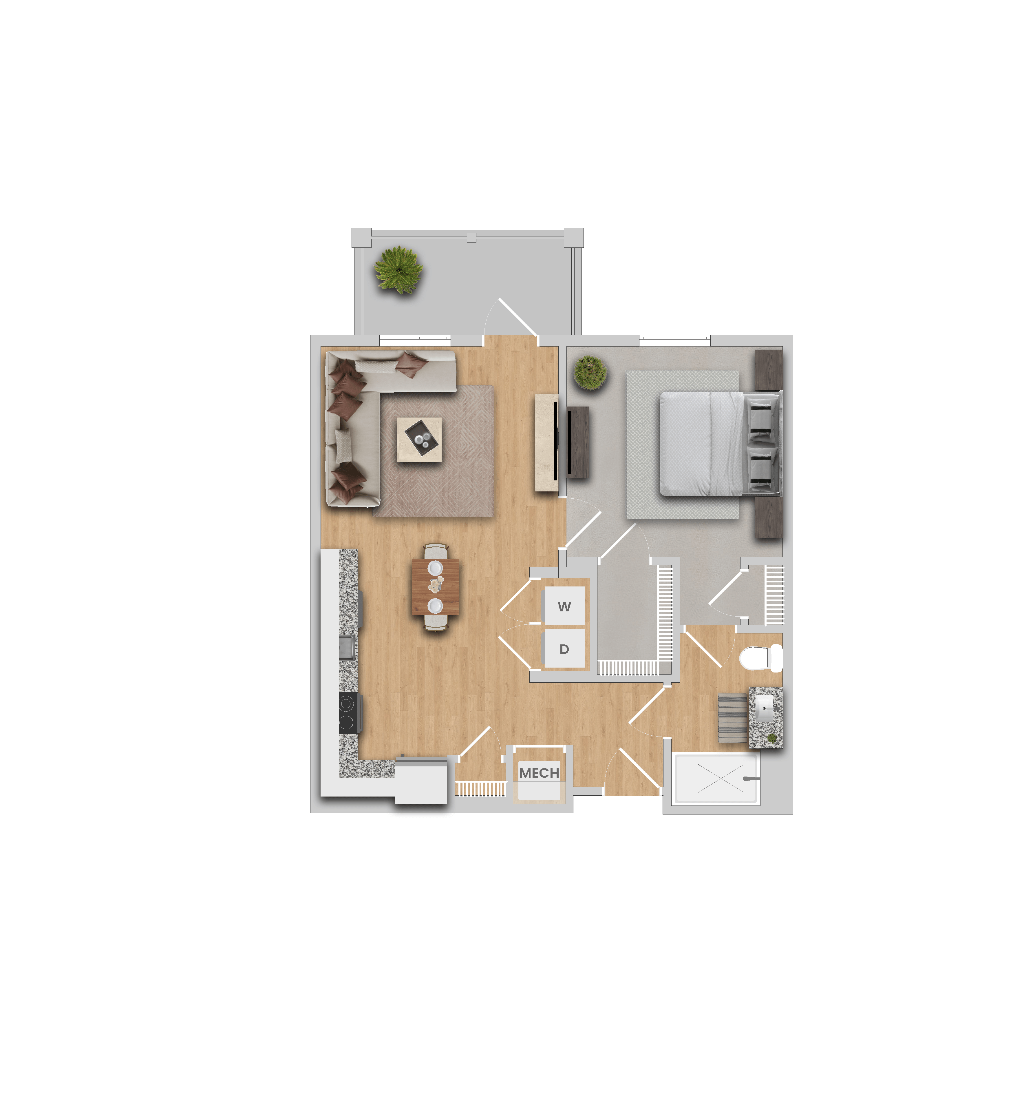Floor plan for 1 bed, 1 bath, 724 sqft